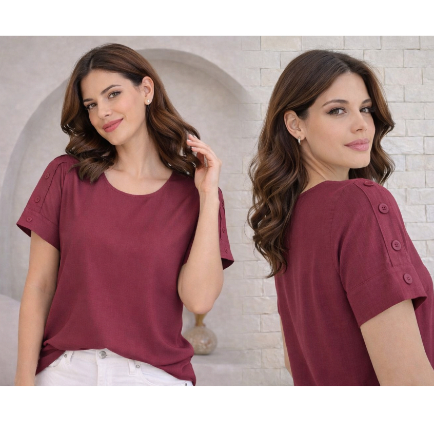 Blusa Feminina Social Elegante Viscolinho Manga Curta  Botões Manga em Oferta na Shopee