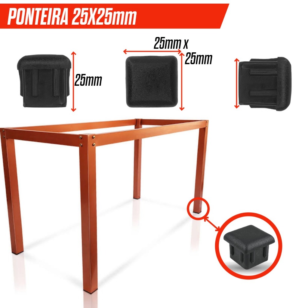 Kit 20,40,80,100,120 Ponteiras 25x25 Quadrada Interna Preta Protege Piso Não Risca Cadeira Kit Top