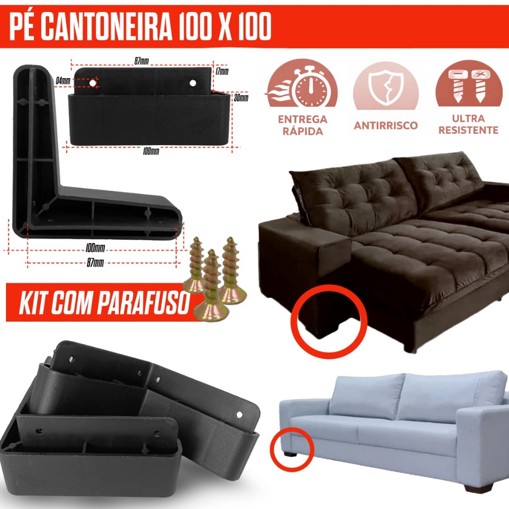 10 Pés De Canto Cantoneira 10x10x3cm Preta Móvel Armário Balcão 4 Furos Pezinho Plástico Promoção