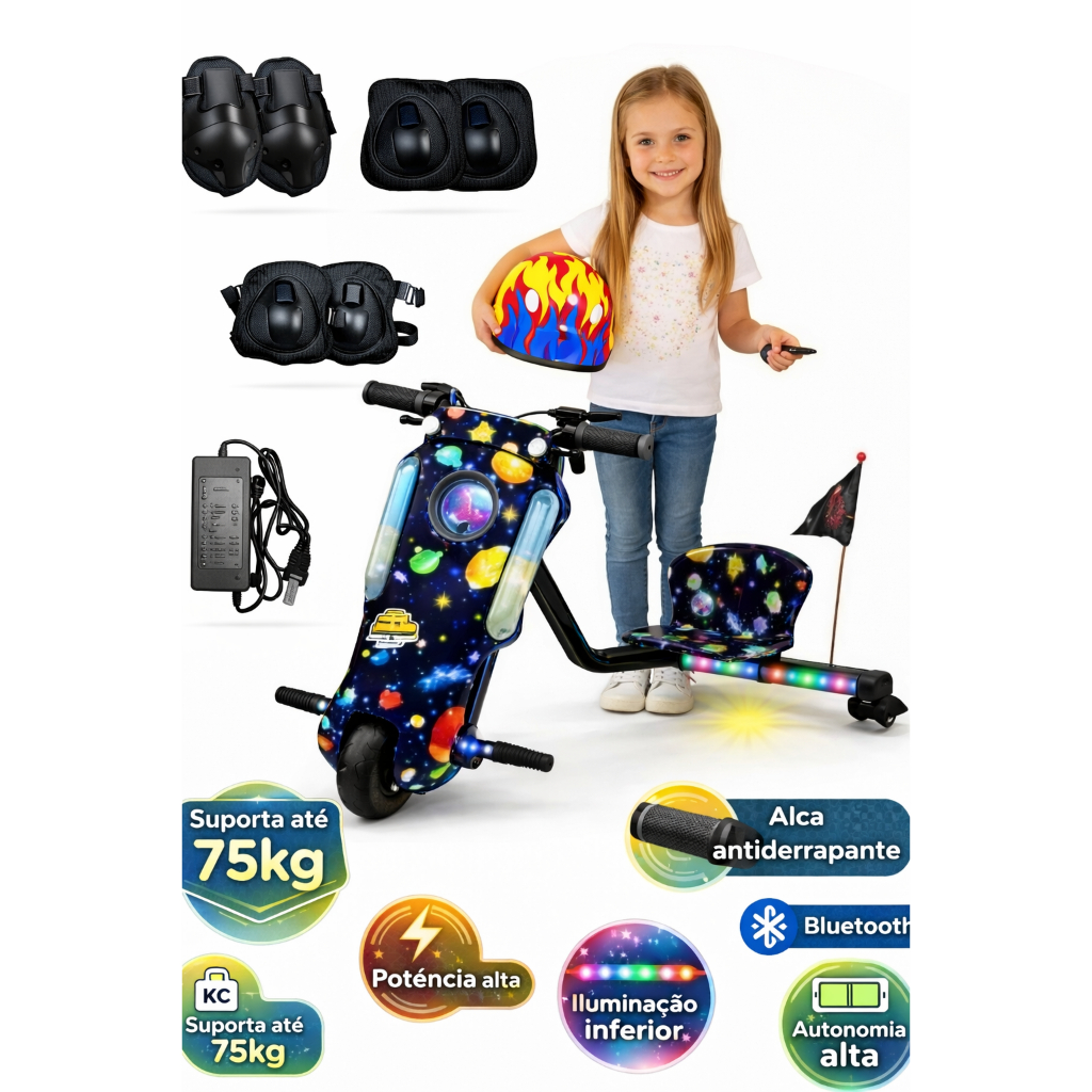 Triciclo Elétrico Infantil Azul Escuro 250w Bluetooth/Led/Bateria Recarregável Material Resistente