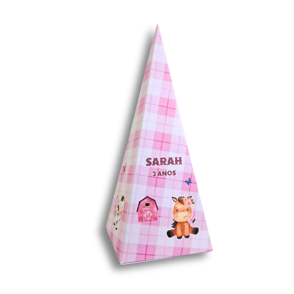 Kit 20 Caixinhas Pirâmide Fazendinha Rosa lembrancinha personalizada - charme do campo