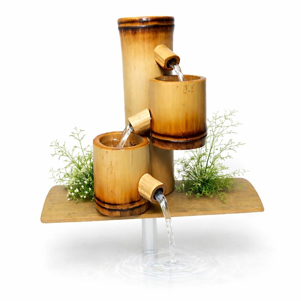Imagem Bica de Fonte de Água 3 Quedas 18cm Bambu Biqueira Decorativa Zen Feng Shui