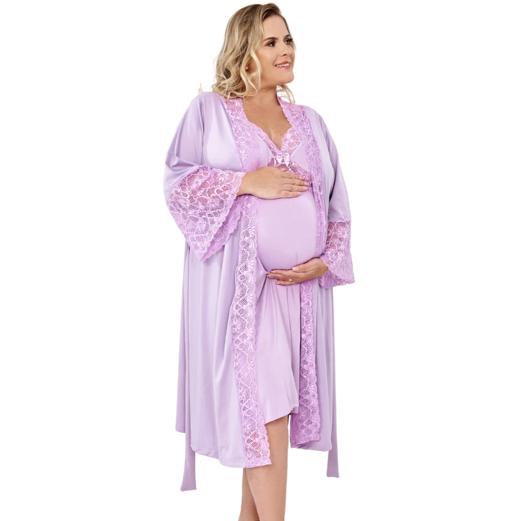 kit Plus Size Camisola Amamentação e Robe luxo Renda — imagem 1