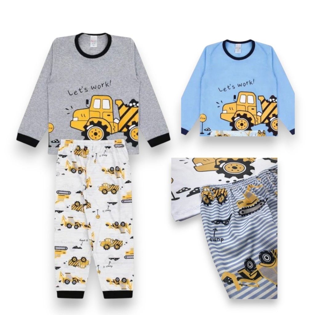 Conjunto Pijama Longo Infantil 2 peças – Calça e Camisa Roupa de Menino Trator. Tam. 1 ao 8 Inverno