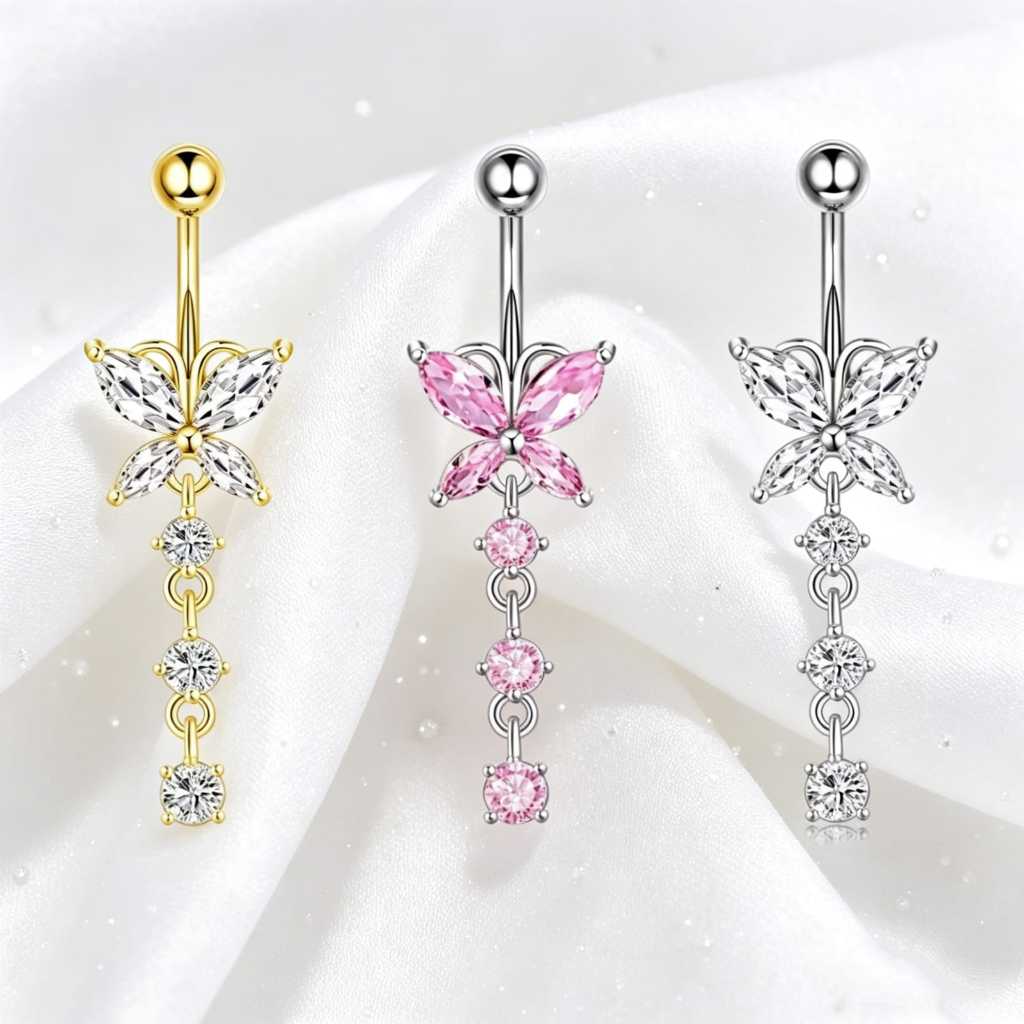 Piercing Borboleta pingente com pedraria cor Prata/Dourado Aço cirúrgico para Umbigo Durável