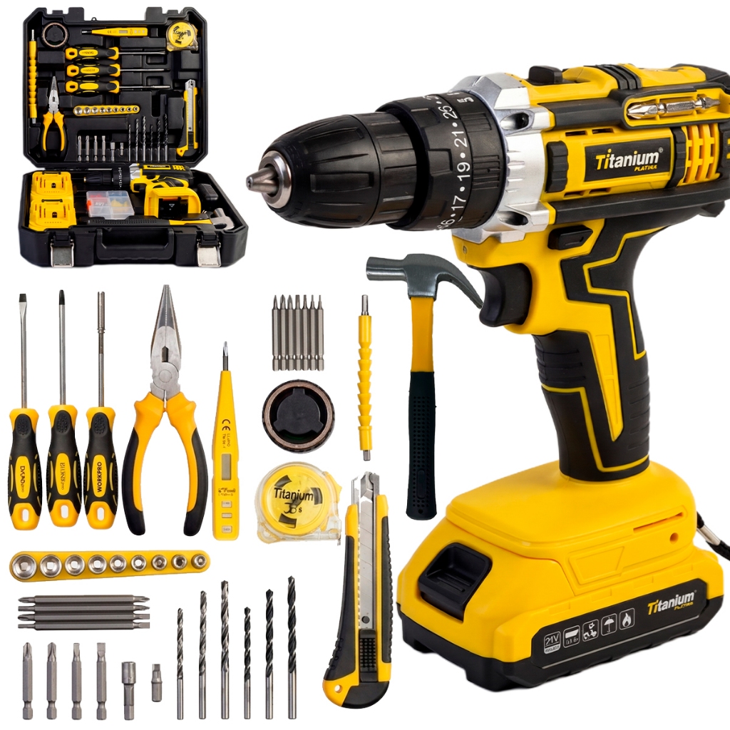 Parafusadeira de Impacto 21V com Kit 136 Peças e 2 Baterias – Titanium Platina em Oferta na Shopee