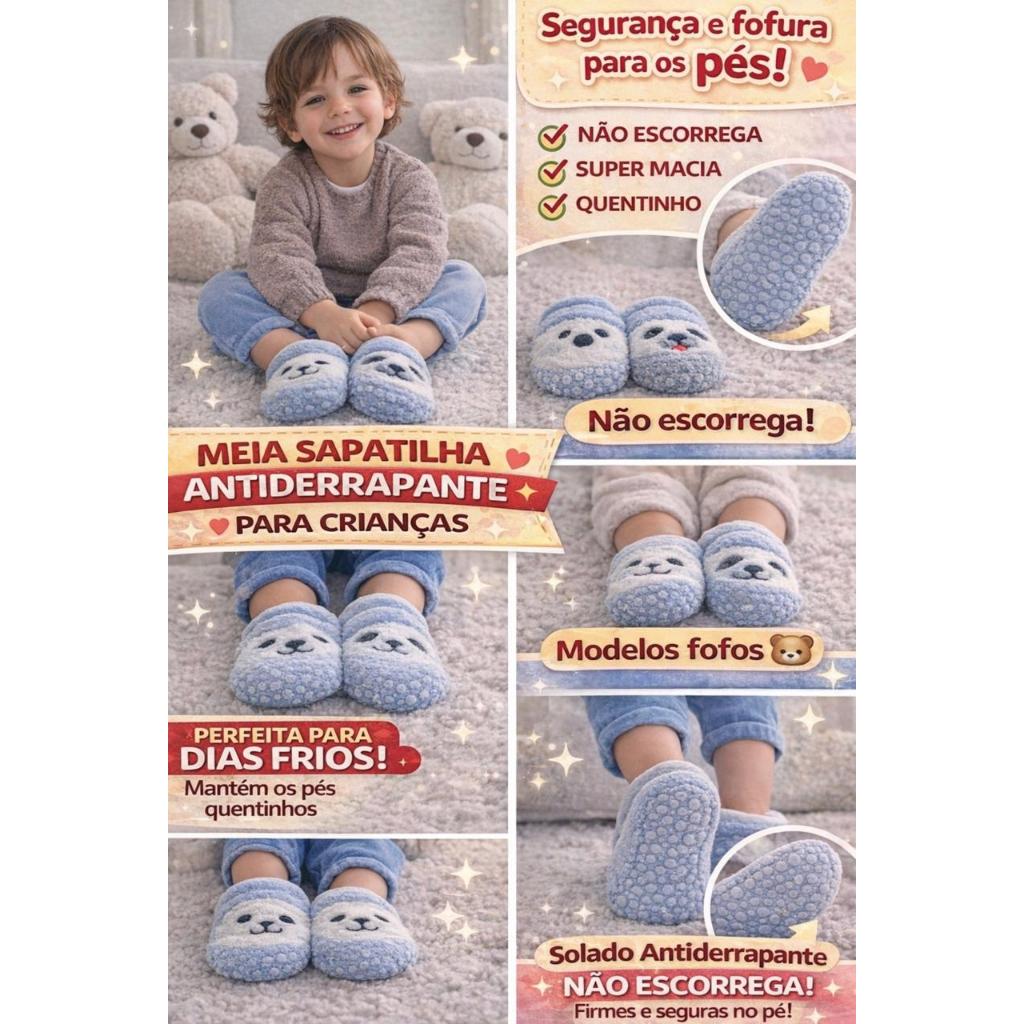 kit Meia Sapatilha Antiderrapante Infantil Menino Felpuda Estampas Fofas