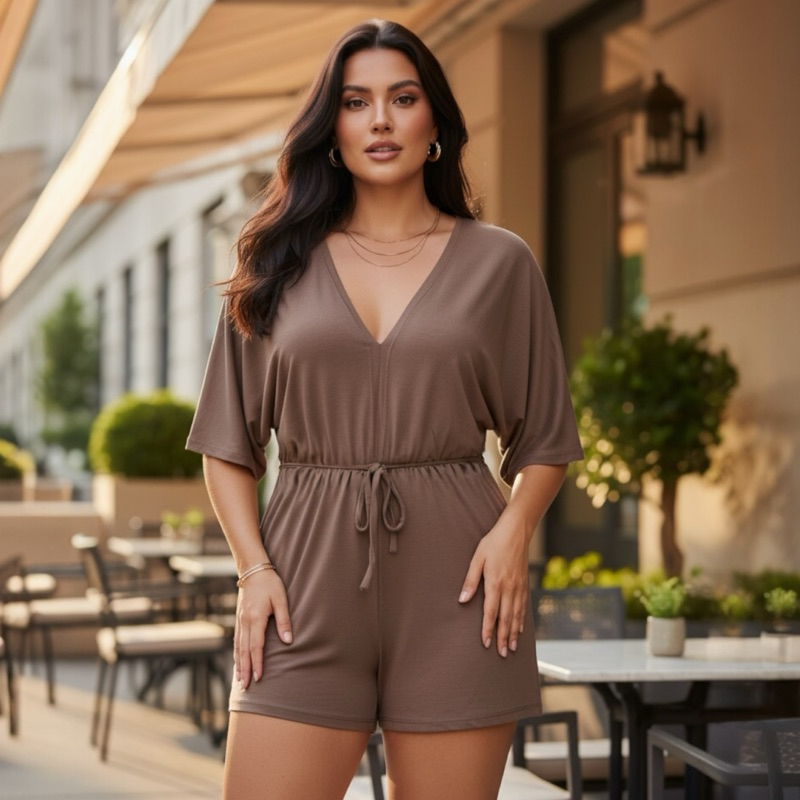 Macaquinho Feminino Soltinho Decote V Manga Ampla Com Amarração Cintura Casual Verão Elegante Confortável