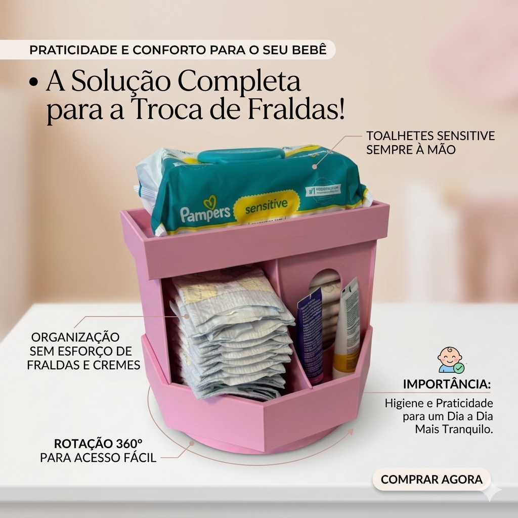 Organizador de Fraldas e Higiene de Bebê para Trocador – Suporte para Lenços e Pomadas