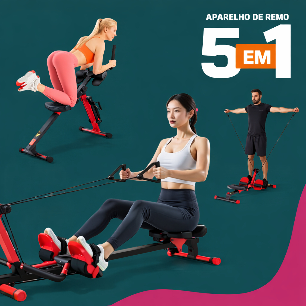 Máquina de Remo 5x1 Multifunções Abdominal Remada Rosca Elevação Simulador Dobrável Fitness em Casa
