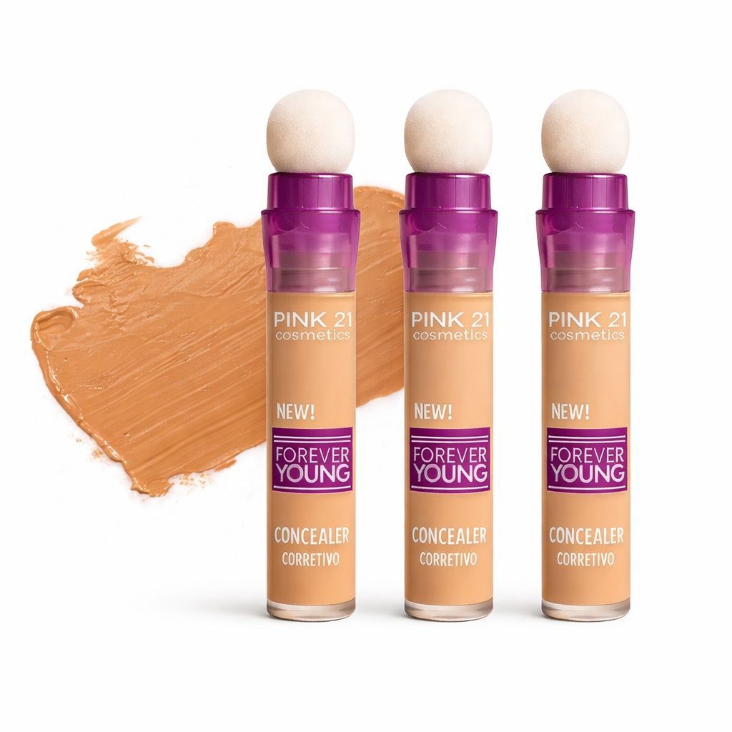 Kit 3 Corretivo Pele Morena Pink 21 Forever Young Cor 06 Aplicador de Esponjinha