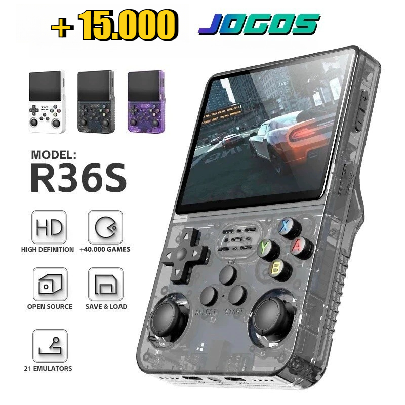 Console Retro Portátil R36S 64GB +15.000 Jogos Tela IPS 3.5 Polegadas Linux Pronta Entrega