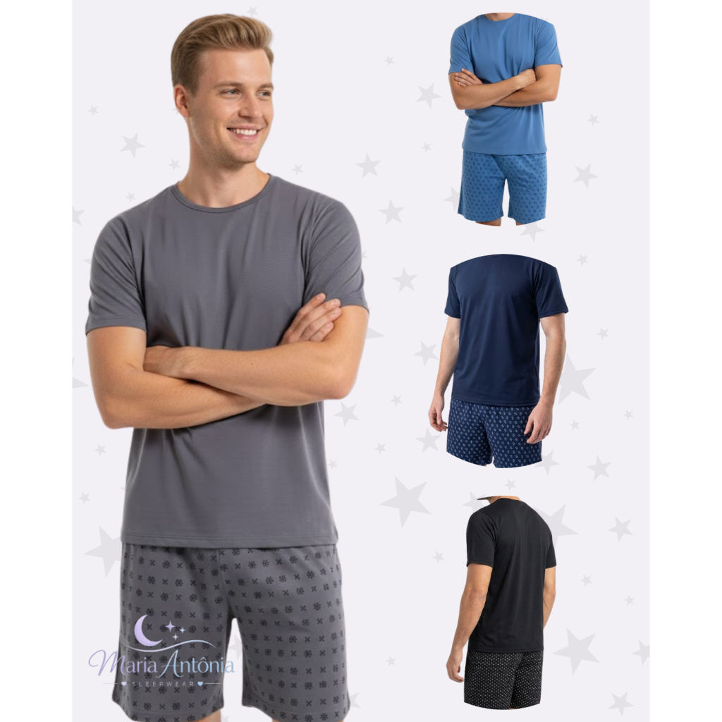 Kit Combo c/ 1 ou 2 Pijamas Masculino Curto Blusa e Short Promoção Homem Pronta Entrega Envio Rapido
