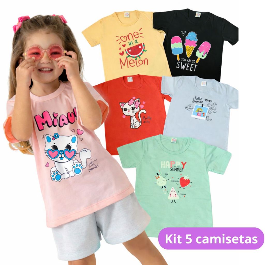 Kit 5 Camisetas Femininas de Algodão Infantil - Blusas de Menina com Estampas Variadas