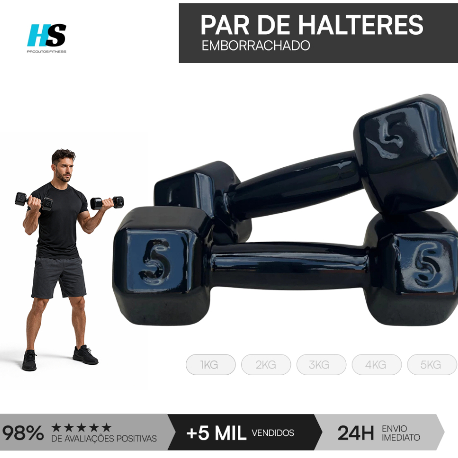 Par Halter Emborrachado Sextavado 1kg a 5kg - Halteres/Treino em Casa/Musculação/Academia