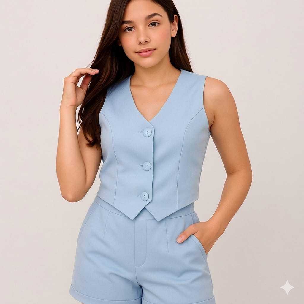 Conjunto Alfaiataria Luxo Com Colete com botão E Short Social Menina adolescente Infantil E Juvenil Roupas Verão Passeio