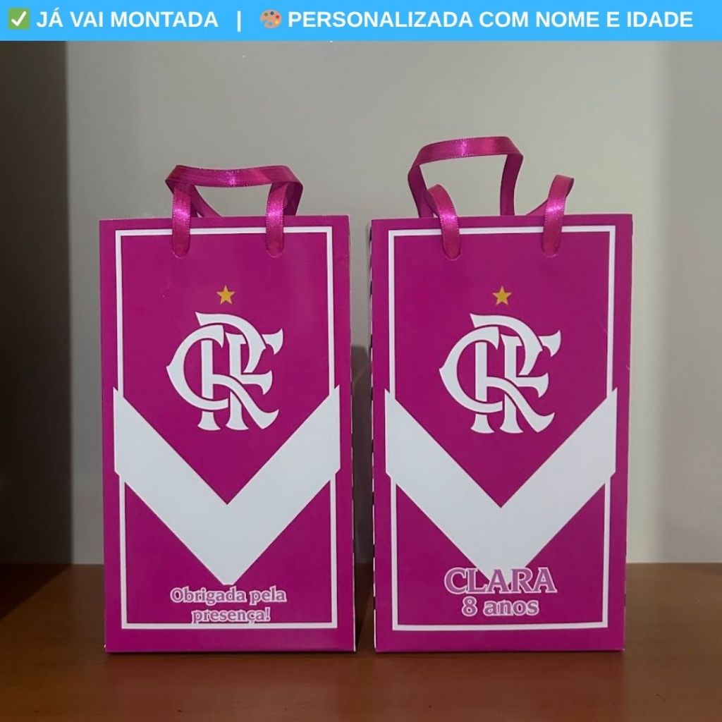 Sacolinha Personalizada Flamengo Rosa - Lembrancinha Aniversário Festa Infantil 17,5x10x4