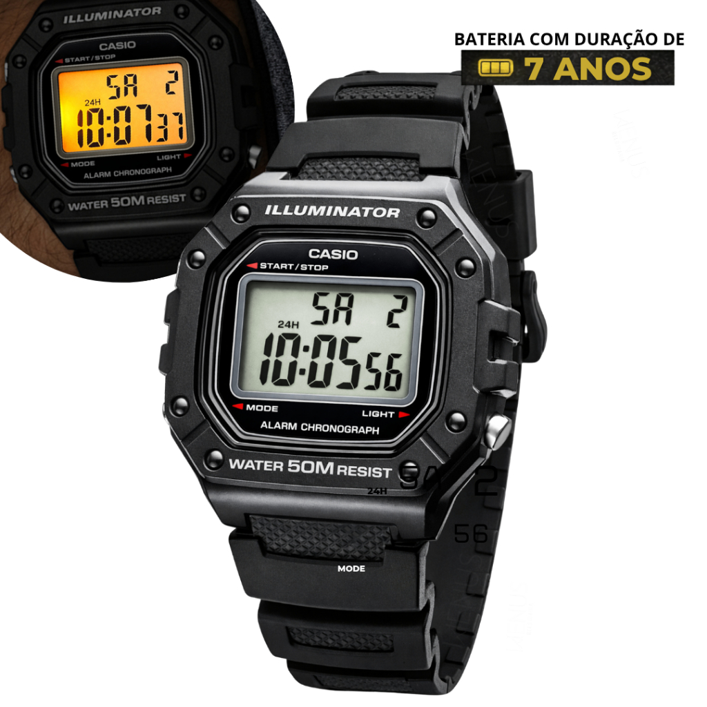 Relógio Casio Masculino Cronógrafo Digital Esportivo A Prova D'água Em 50 Metros Preto Lcd Positivo Original