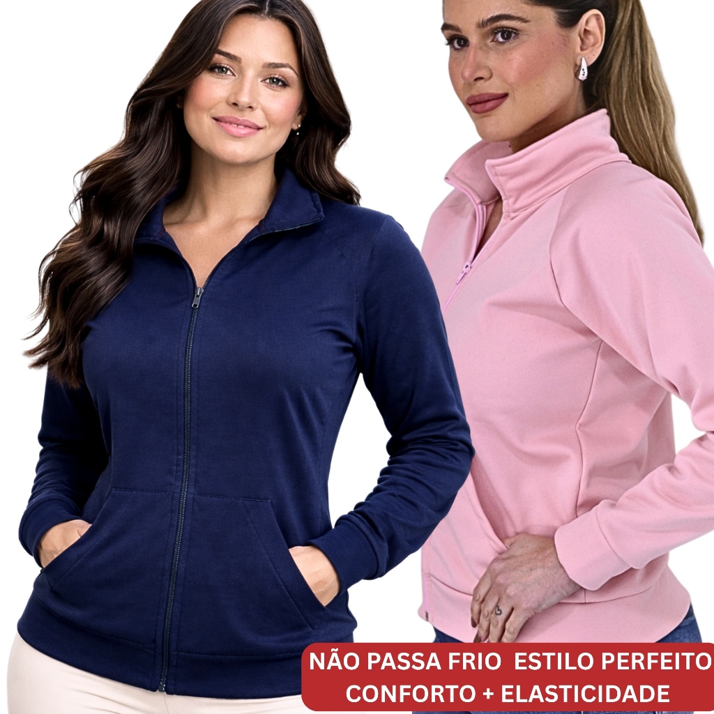 Jaqueta  Feminina Moletom Elastano com Zíper Frontal Casaco Inverno Moda Casual Bomber Blogueira