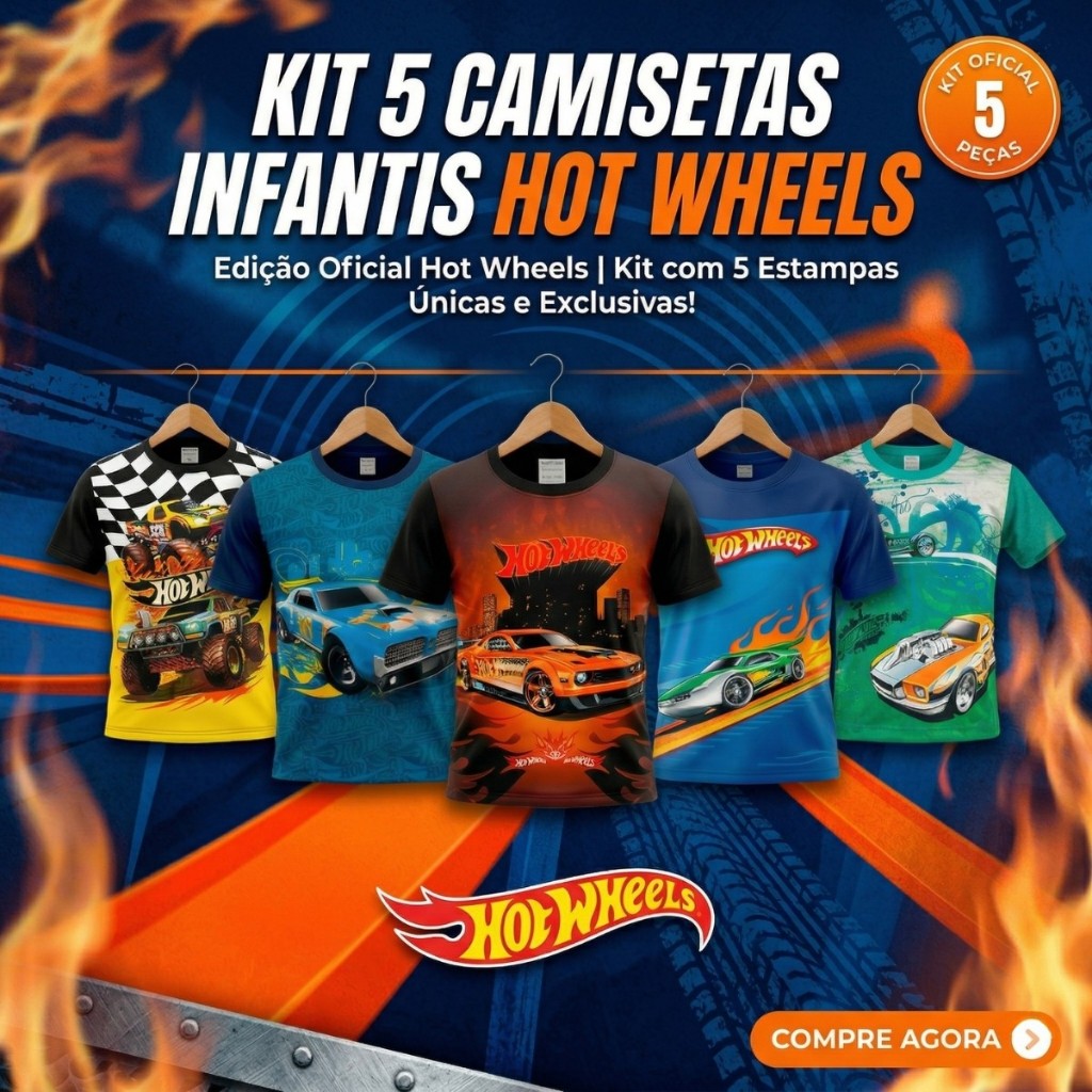 Kit 5 Camisetas Infantis Hot Wheels Estampas Únicas Menino Original Oficial