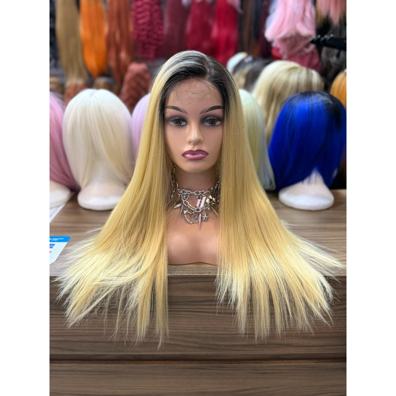 front lace peruca preta ondulada castanho loira platinada  longa lisa babyhair tela hd fibra Premium uso diário 60cm