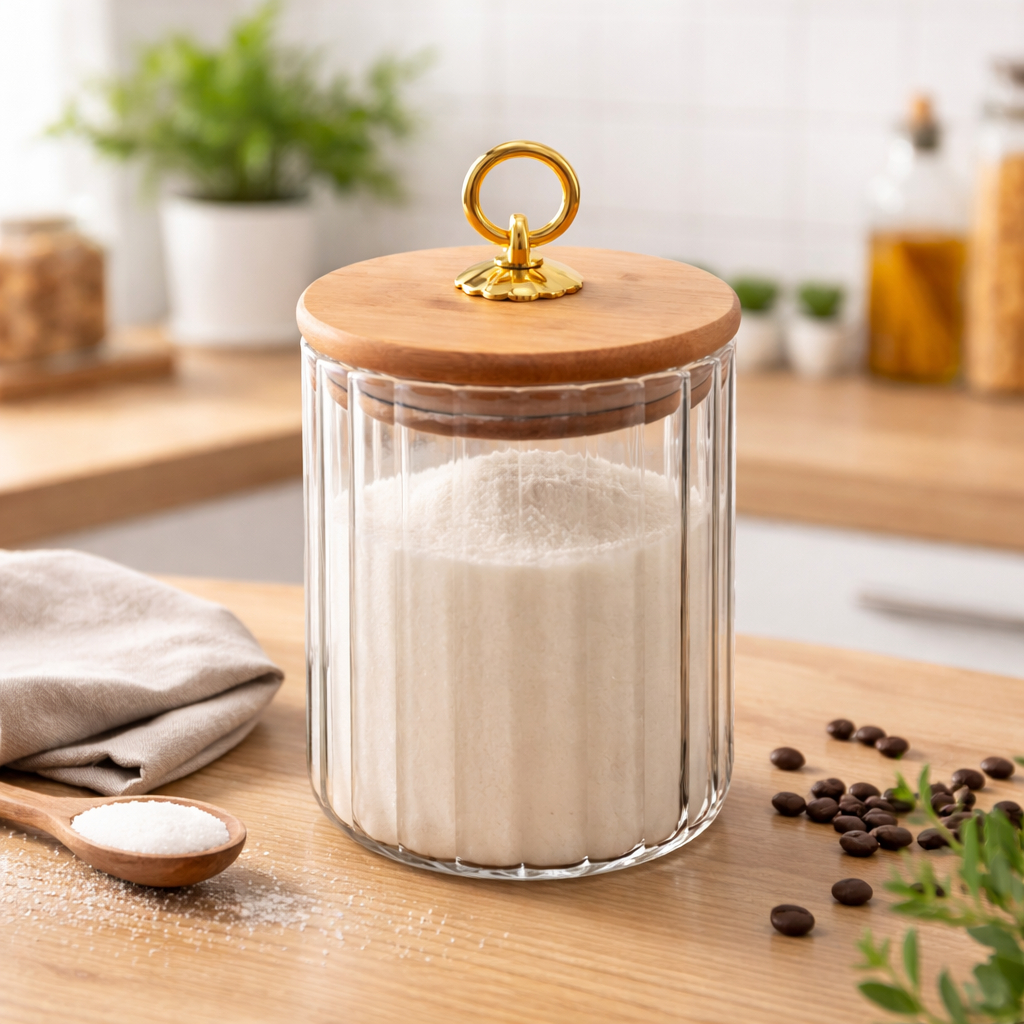 Pote de Vidro CANELADO 500ML P TRANSPARENTE Tampa Bambu com Argola  Mantimentos Hermético