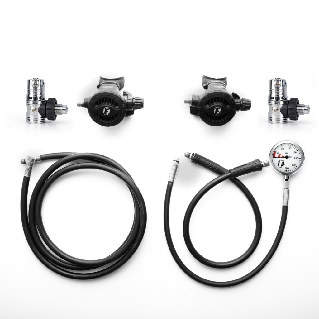 Kit TEK DIR Fun Dive RX-01 DIN 300 com 2 X-7 + Mangueiras Técnicas LP HP + Manômetro 300 BAR