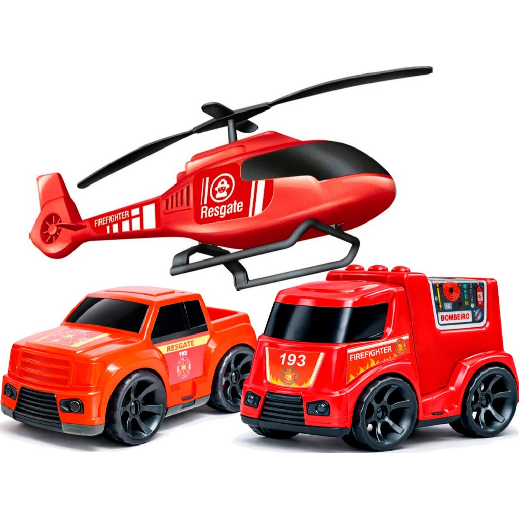 Kit Bombeiros Em Ação 3 Brinquedos De Bombeiro Carrinho Helicoptero E Tanque carro avião