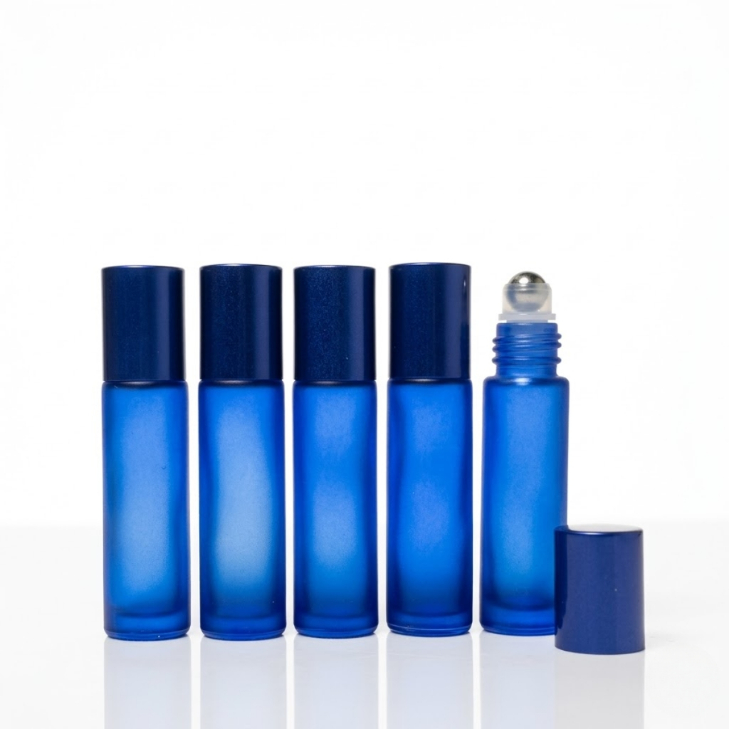 Kit Com 5 Frascos Vidro Azul Fosco Rollon 10ml Premium De Vidro Grosso Para Colonia Pergume Oleos