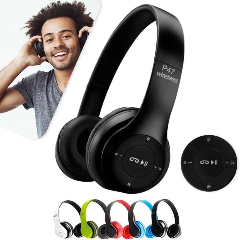 fone de ouvido Bluetooth sem fio P47 com microfone compatível Android e IOS headphone dobrável bass