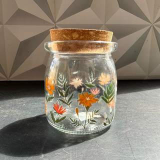 Pote de vidro com tampa de bambu decorado com flores 190ml para condimentos tempero porta condimento sal saleiro fofo