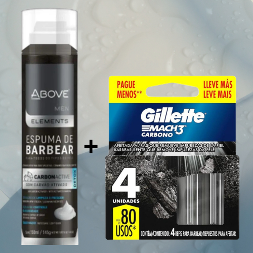 GILLETTE MACH 3 + ESPUMA DE BARBEAR ABOVE CARVÃO ATIVADO
