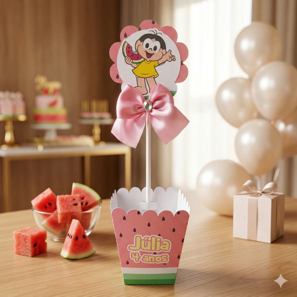 Centro de Mesa Cachepot Magali Rosa Personalizado com Nome e Idade | Festa Infantil Luxo | Lembrancinha Pegue e Monte