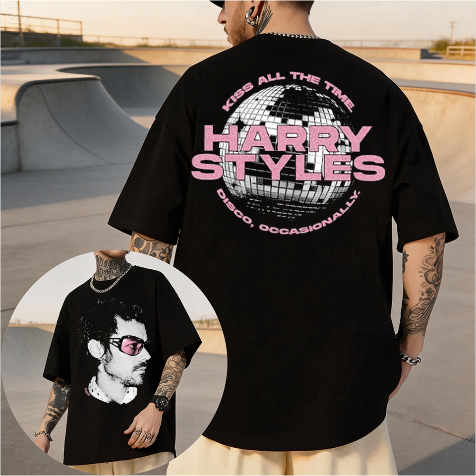 Camiseta Basica e OVERSIZED Harry Styles Kiss All The Time Disco World Tour Graphic Unissex