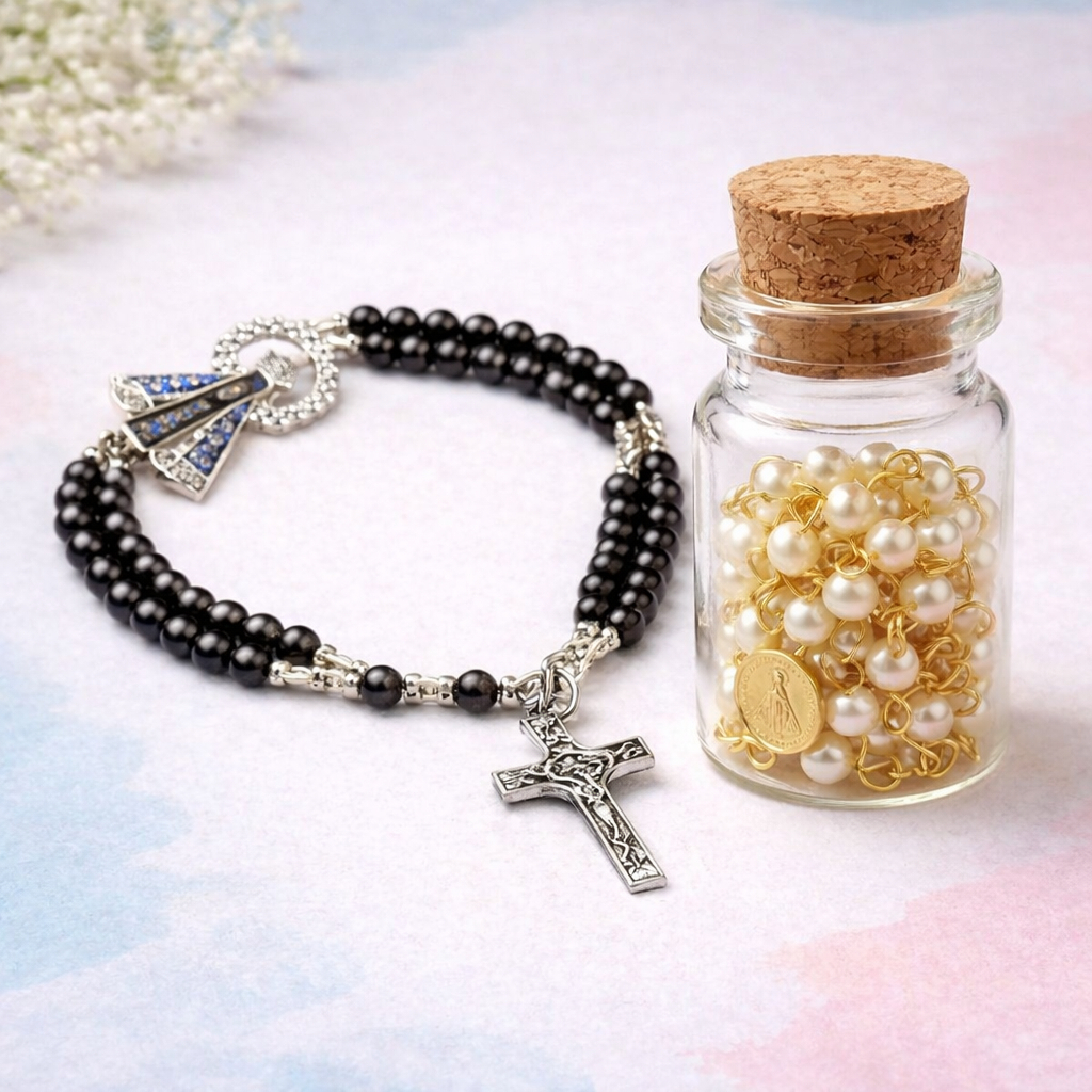 Kit Religioso Terço De Pulso Hematita E Mini Terço No Vidrinho