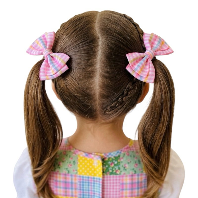 Parzinho Laço de Cabelo Junino Xadrez Colorido 7cm Presilha Bico de Pato Acessório Infantil Festa Junina