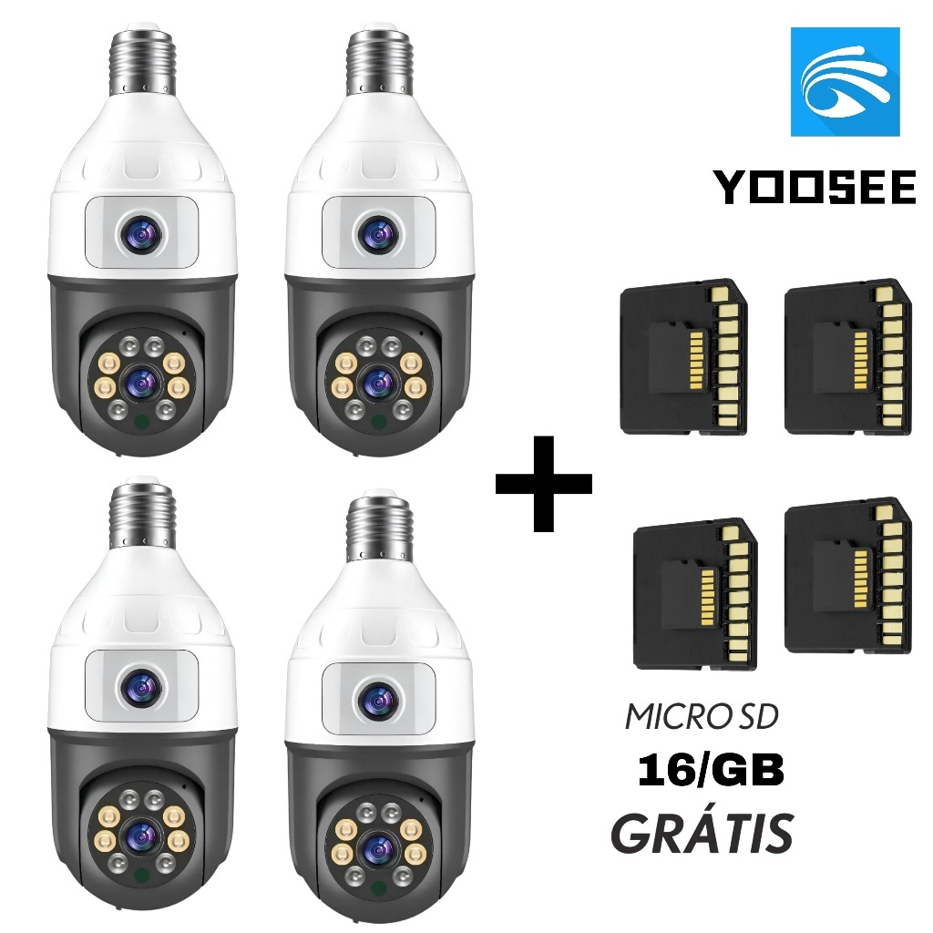Kit4 Câmera De Segurança Wifi Dupla Lentes Lâmpada Noturna 360° + 4 Cartão MicroSD 16GB