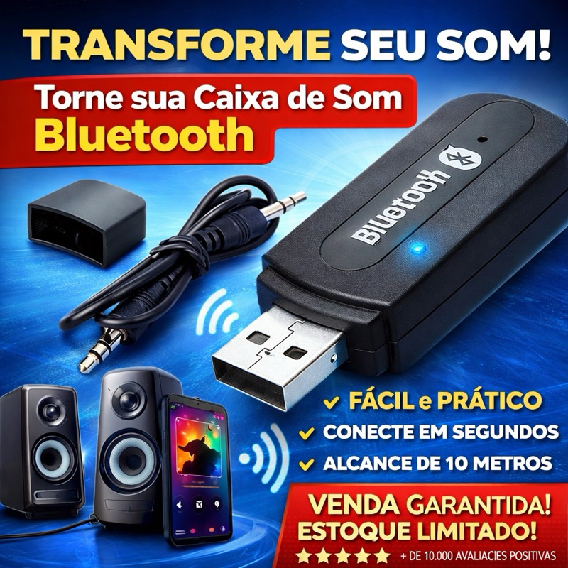 Receptor Bluetooth USB P2 Adaptador Auxiliar Carro Som Sem Fio Universal