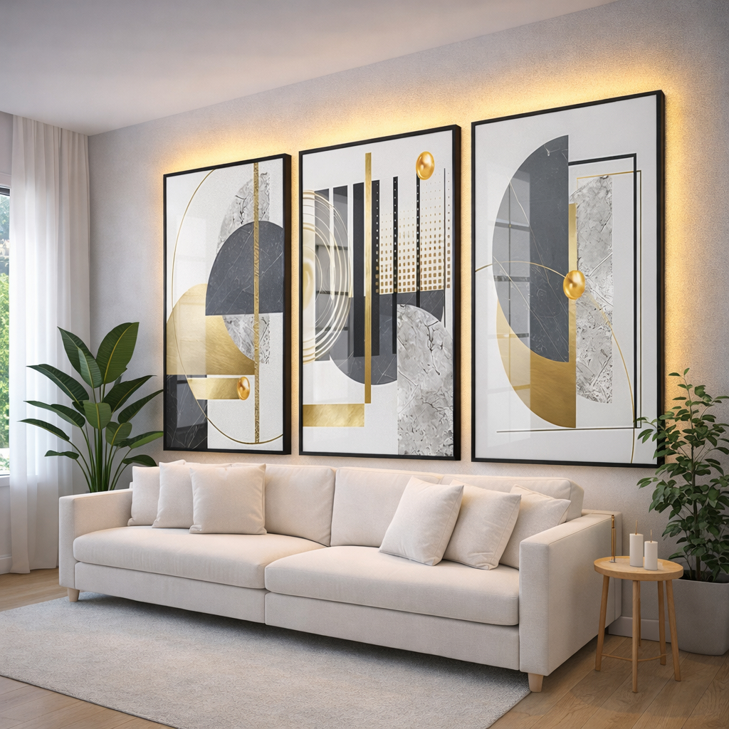 Quadro Decorativo 3 Peça Arte Geométrica Abstrata Moderna Dourada Para Sala Quarto