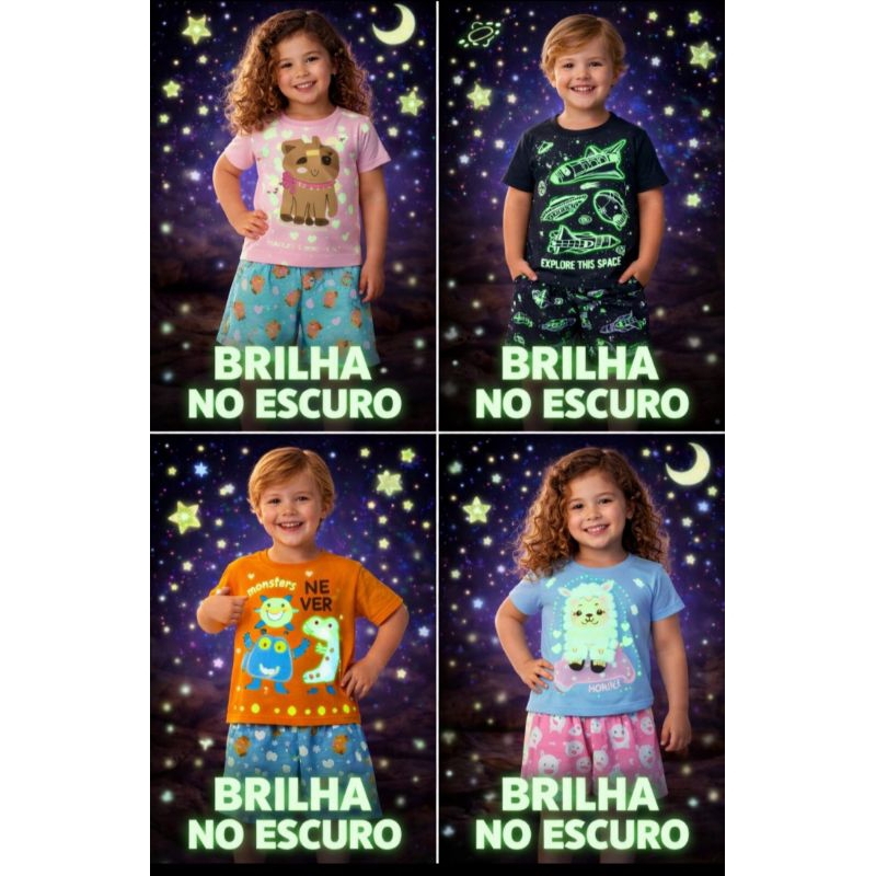 Conjuntos Pijamas Verão Brilha no Escuro, Menino e Menina com Estampa de Capivara, Espaço, Vídeo Game, Ovelha, Monstros