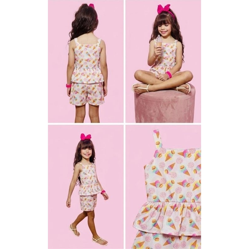 Conjunto Infantil Feminino Canelado Blusa + Short Menina Roupa Leve Confortável Verão