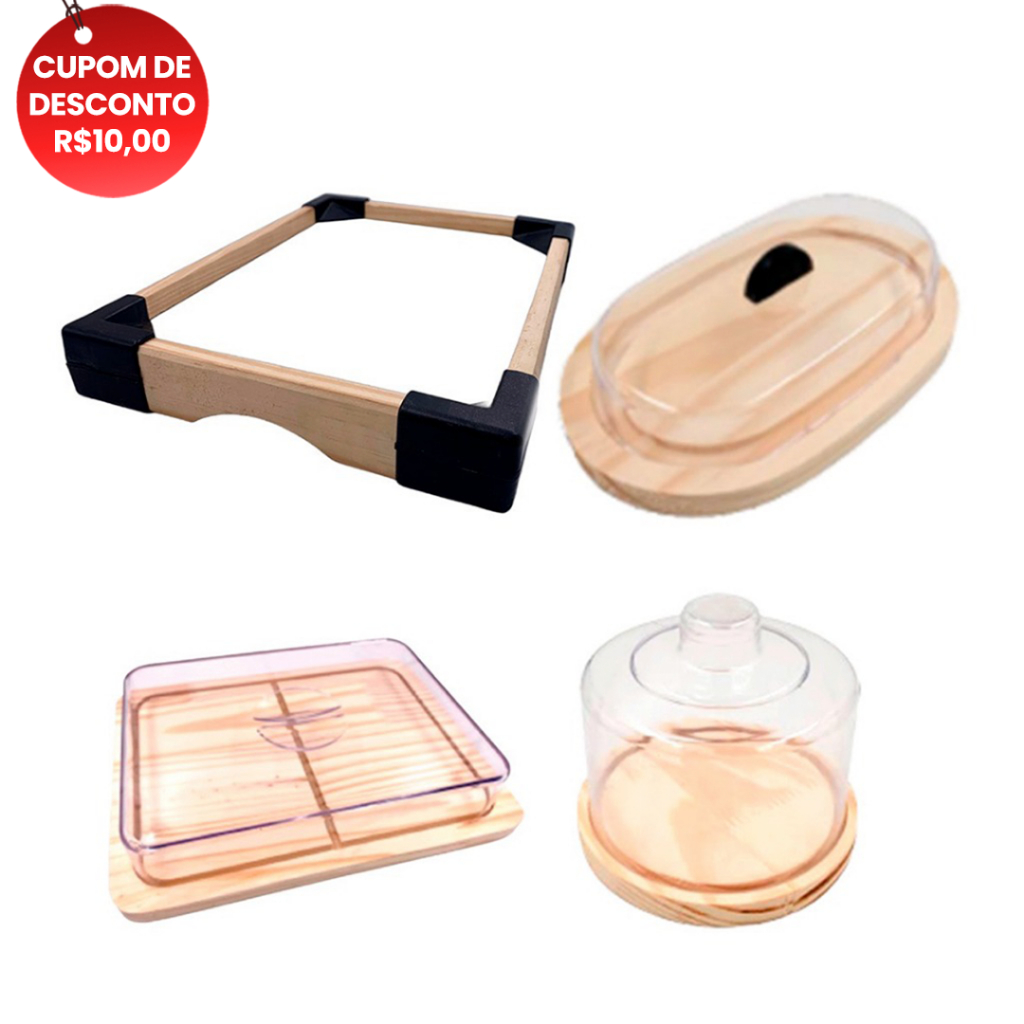 OFERTA 6.6 KIT 4Pçs café da Manhã,  Madeira Natural Queijeira, Bandeja, Manteig. e Porta Frios Medio (21x16,5cm)