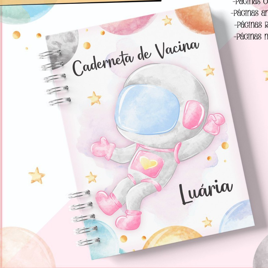 Caderneta de Vacinação Menina Capa Dura Personalizada Atualizada com Nome Alfabeto -astronauta menina céu