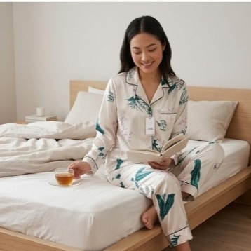 Conjunto de Pijama Feminino em Cetim de Luxo – Estampa Floral Tropical Off-White