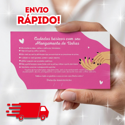Cartão Cuidados Alongamento de Unhas Gel Fibra Acrigel Nail Designer Pós Procedimento Unhas Gel  Fibra de Vidro Acrílico