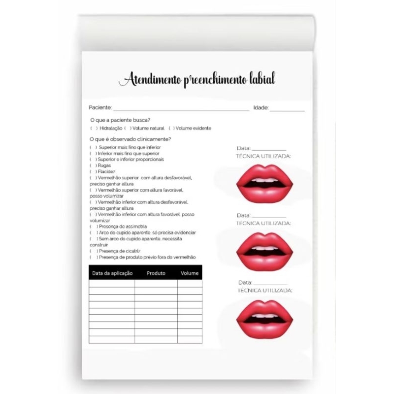 Bloco com 100 fichas de atendimento preenchimento labial A5