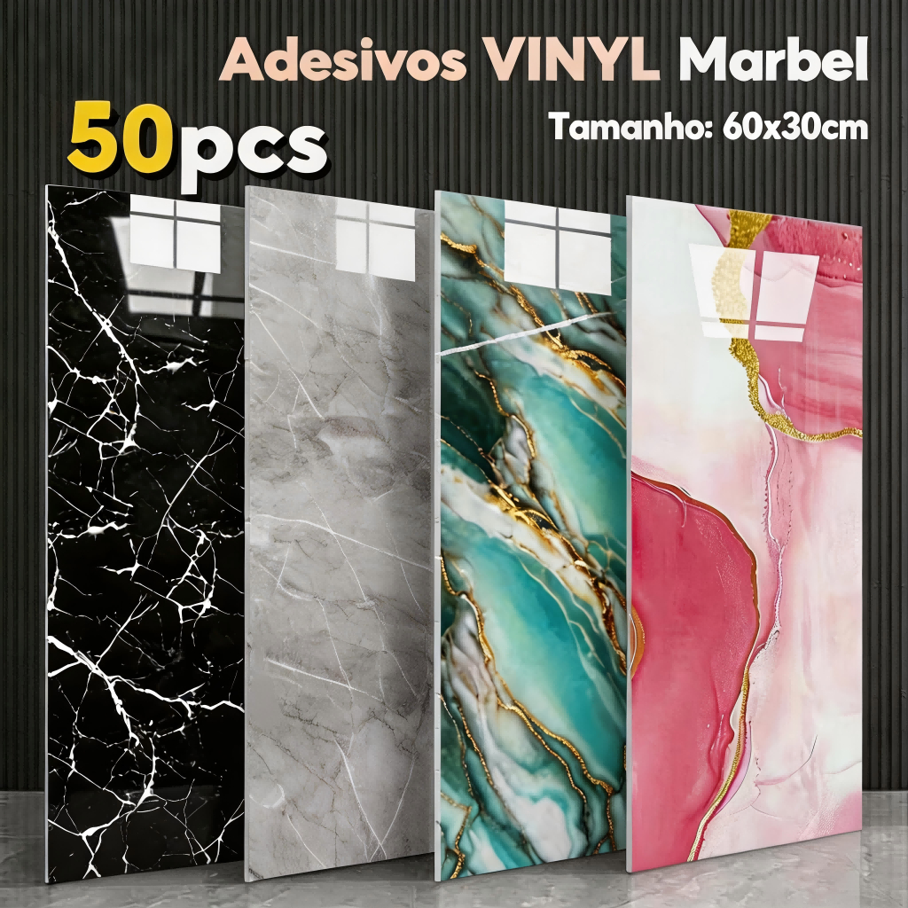 Kit 10 Placas Adesivas Efeito Mármore 30x60cm | Decoração de Parede Impermeável Resistente para Cozinha e Banheiro