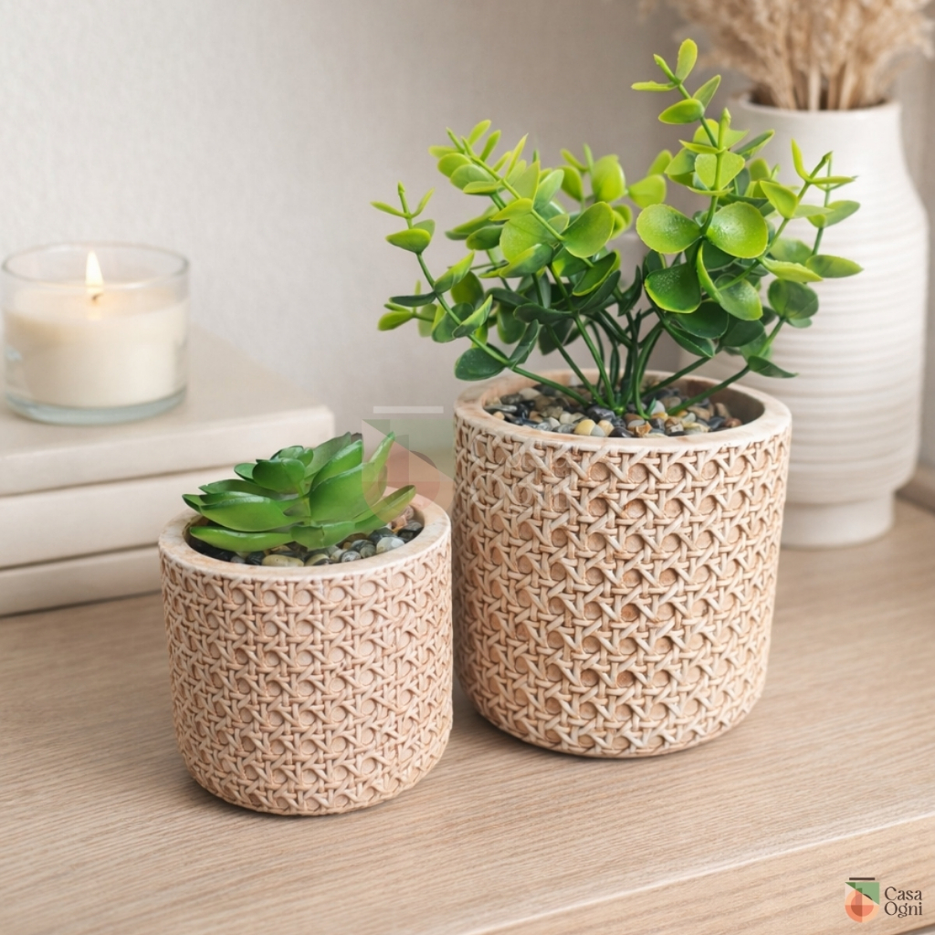 Conjunto 2 Mini Cachepot de Cimento com Suculenta Artificial Vaso Decorativo Rústico Texturizado