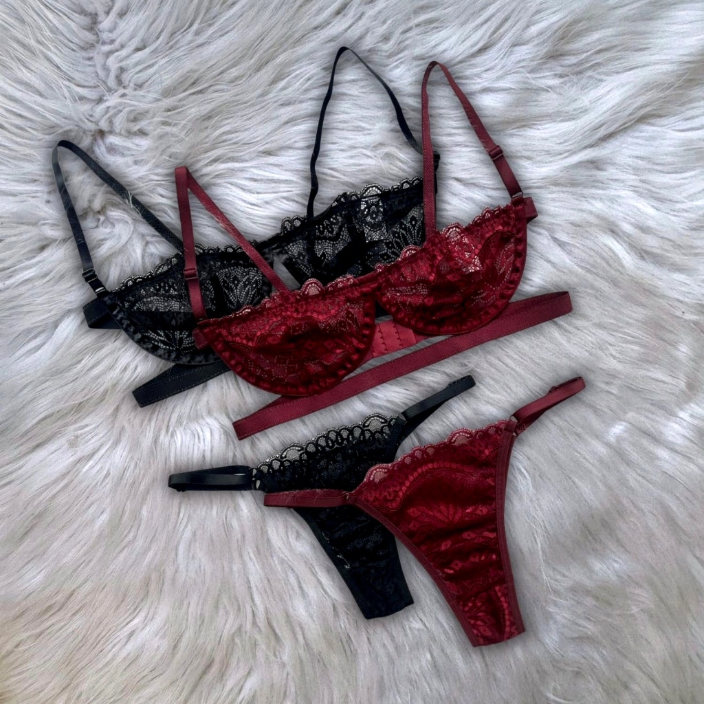 Conjunto Feminino Lingerie Sexy Renda Gringa Sem Bojo Meia Taça Com Aro + Calcinha Regulável