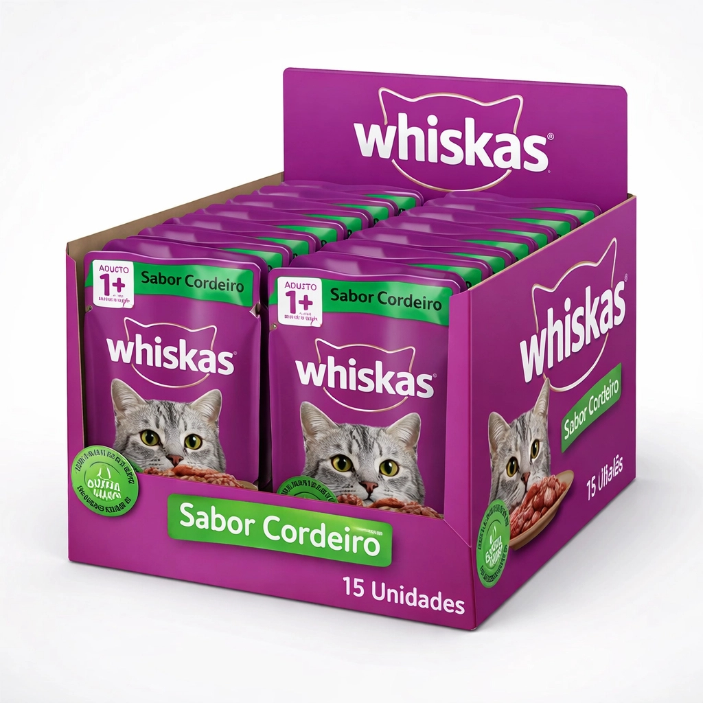 Whiskas Sachê Gato Adulto Cordeiro 85g Kit 15 Unidades Ração Úmida Premium